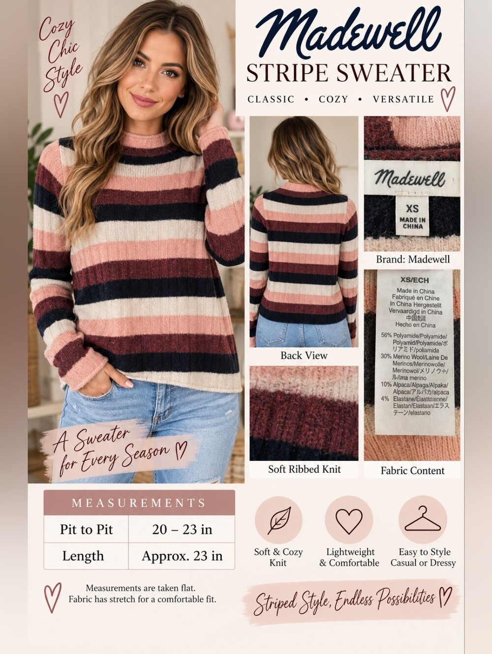 Madewell Striped Ribbed Crewneck Sweater — Pink, Cream & Black Multi